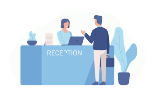 Picture of a cartoon graphic of a smiling woman standing behind a desk that says "RECEPTION" and a man is standing in front of her holding a briefcase with his other hand in the air.