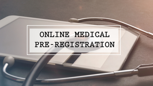 Picture of a smart tablet on a table with a stethoscope lying over it. ONLINE MEDICAL PRE-REGISTRATION