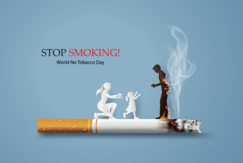 Picture of a graphic showing a cigarette with silhouette figures on top of it of a mother bent down with her arms reaching out to her toddler daughter who has her hands up in the air, looking at the father who has smoke coming up behind him. Picture says:STOP SMOKING! World No Tobacco Day