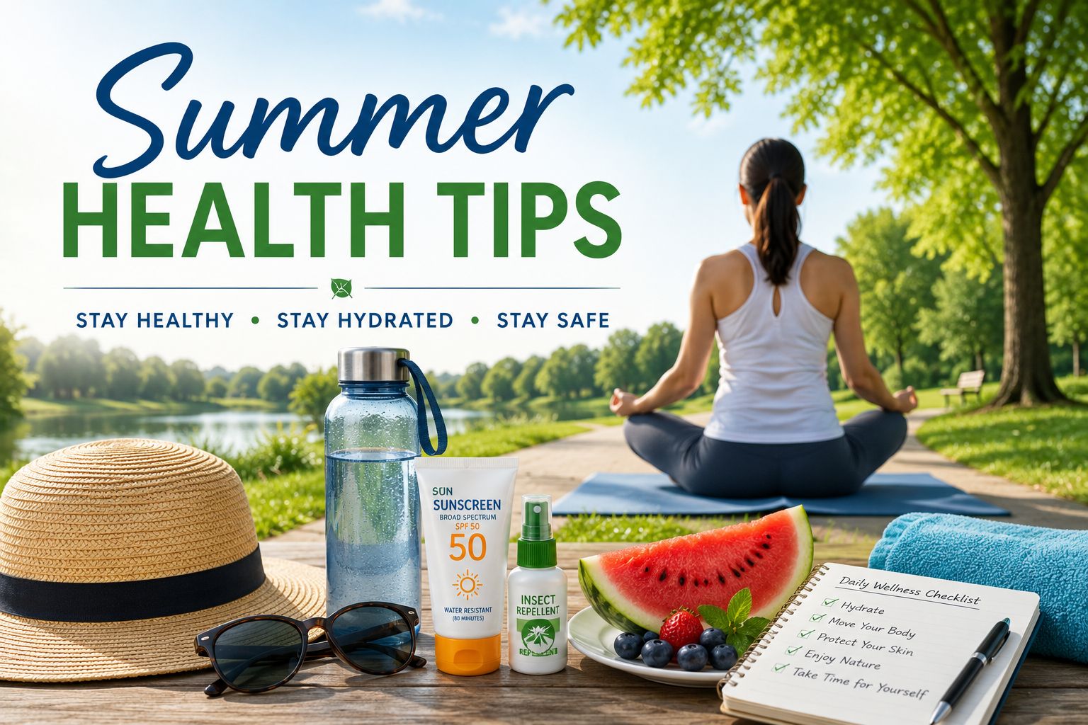 Summer health items including sunscreen, insect repellent, fresh fruit, sunglasses, and a sun hat.